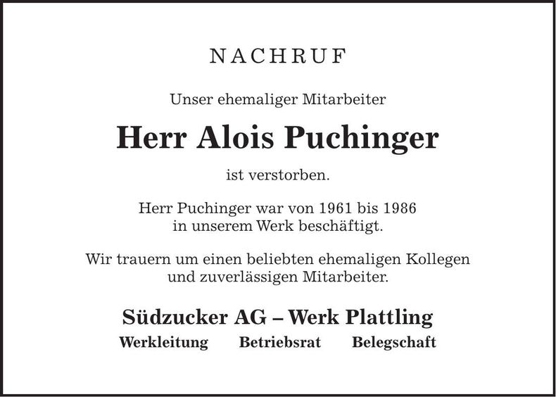 Traueranzeige Alois Puchinger