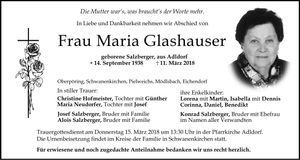 Traueranzeige Maria Glashauser