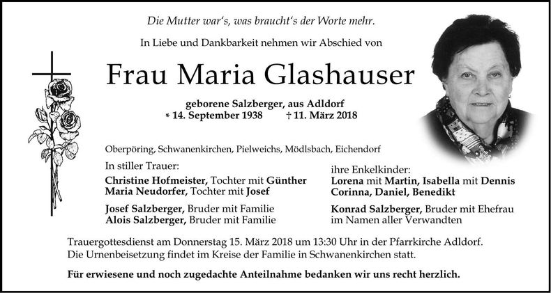 Traueranzeige Maria Glashauser