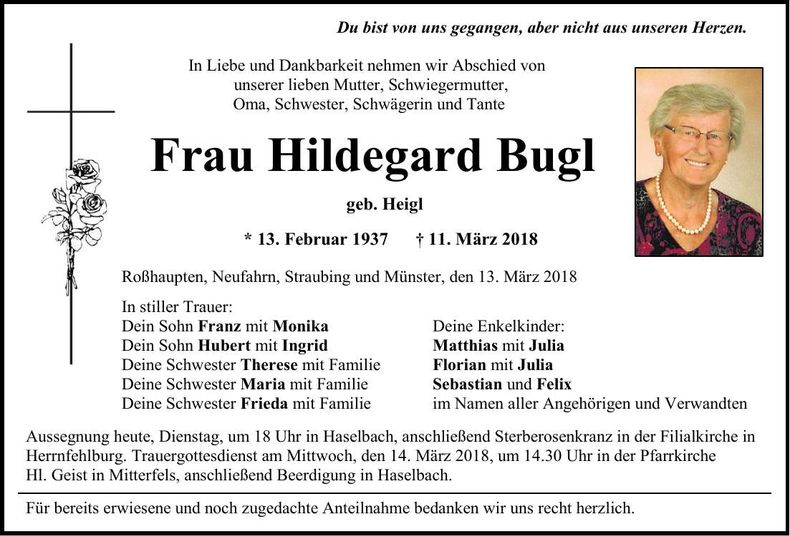 Traueranzeige Hildegard Bugl