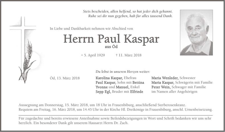 Traueranzeige Paul Kaspar