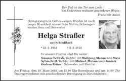 Traueranzeige Helga Straßer