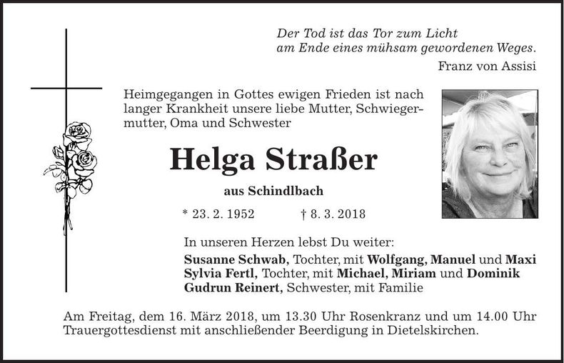 Traueranzeige Helga Straßer