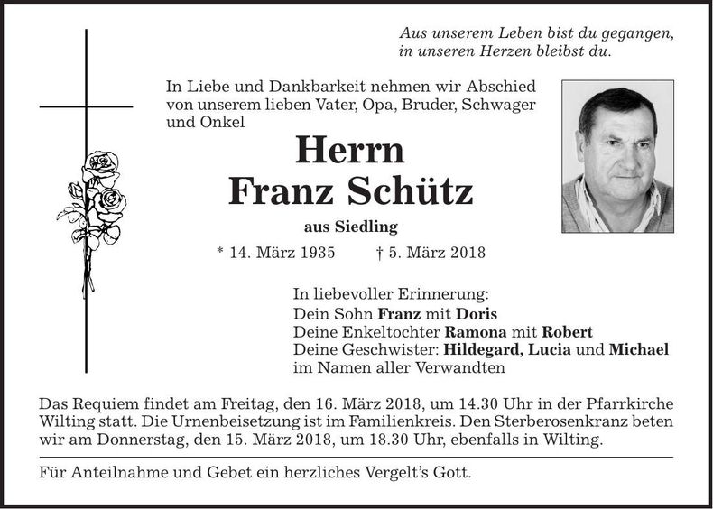 Traueranzeige Franz Schütz