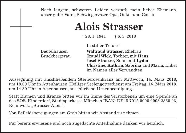 Traueranzeige Alois Strasser