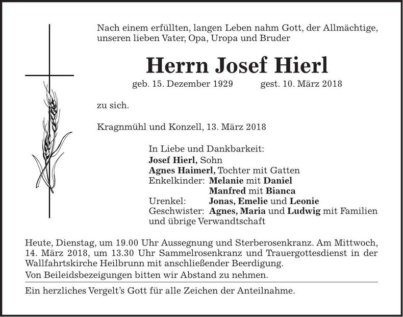 Traueranzeige Josef Hierl