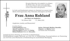 Traueranzeige Anna Ruhland