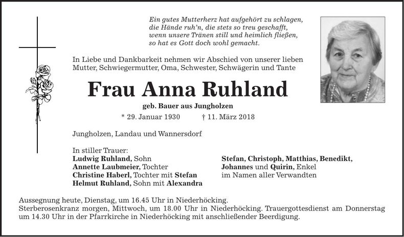 Traueranzeige Anna Ruhland