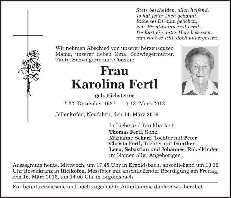 Traueranzeige Karolina Fertl