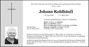 Traueranzeige Johann Kohlhäufl