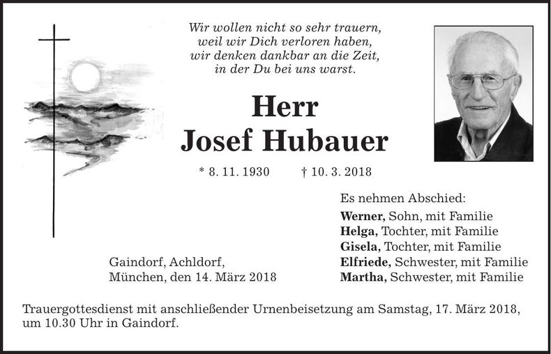 Traueranzeige Josef Hubauer