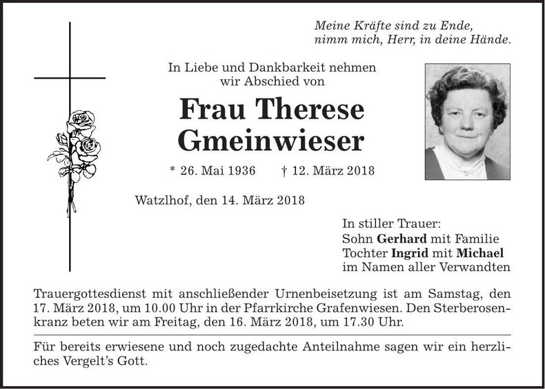 Traueranzeige Gmeinwieser Therese