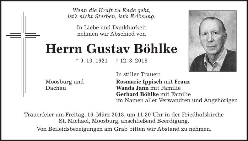 Traueranzeige Gustav Böhlke