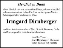Traueranzeige Irmgard Dirnberger
