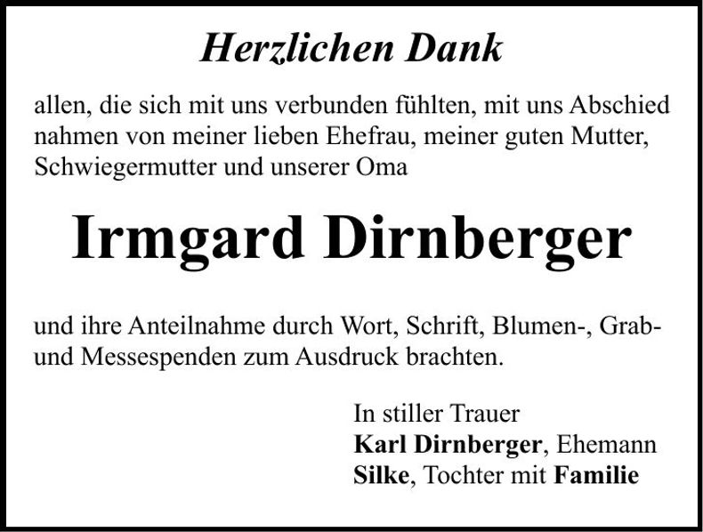 Traueranzeige Irmgard Dirnberger