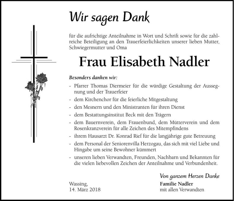 Traueranzeige Elisabeth Nadler