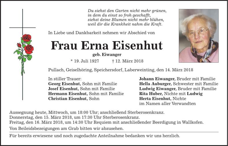 Traueranzeige Erna Eisenhut