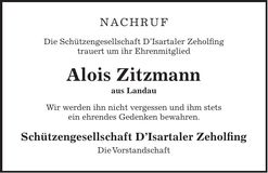 Traueranzeige Alois Zitzmann