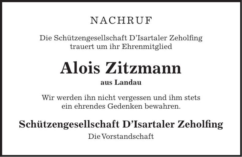 Traueranzeige Alois Zitzmann