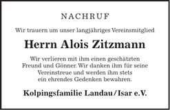 Traueranzeige Alois Zitzmann