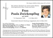 Traueranzeige Paula Zwickenpflug