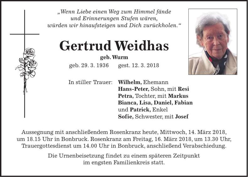 Traueranzeige Gertrud Weidhas