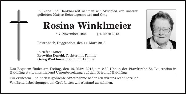 Traueranzeige Rosina Winklmeier