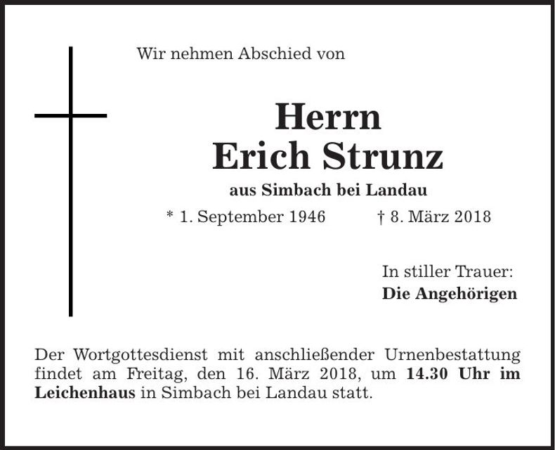 Traueranzeige Erich Strunz