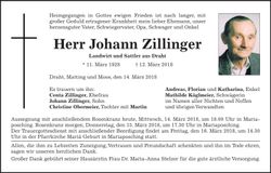 Traueranzeige Johann Zillinger