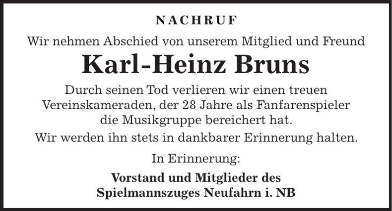 Traueranzeige Karl-Heinz Bruns