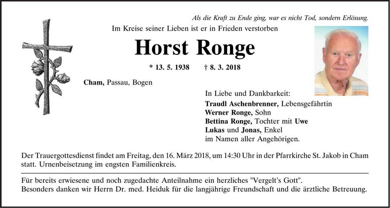 Traueranzeige Horst Ronge