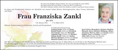 Traueranzeige Franziska Zankl