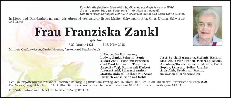 Traueranzeige Franziska Zankl