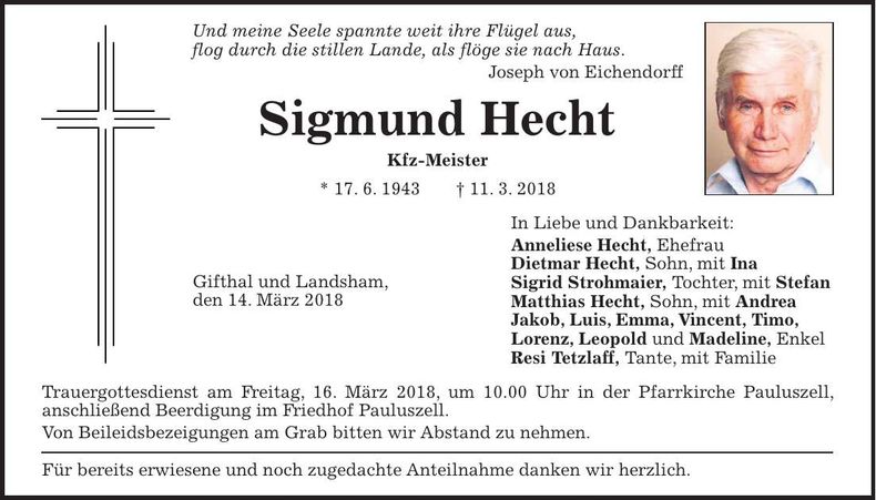 Traueranzeige Sigmund Hecht