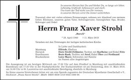 Traueranzeige Strobl Franz Xaver