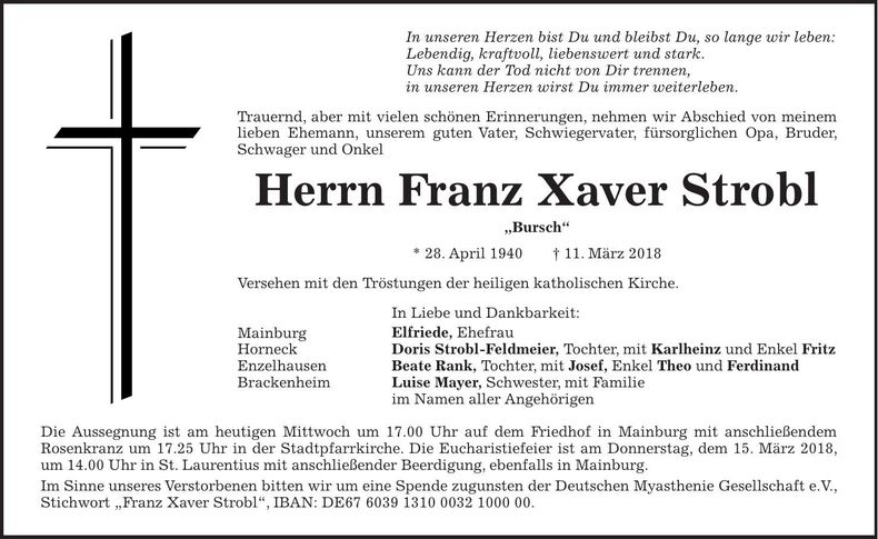 Traueranzeige Strobl Franz Xaver