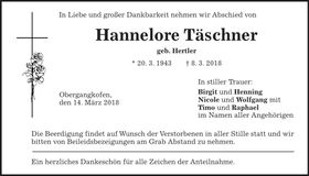Traueranzeige Hannelore Täschner