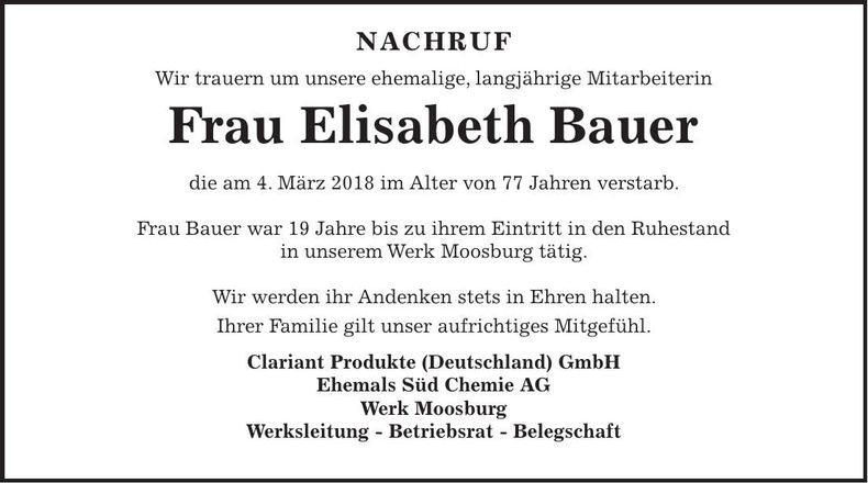 Traueranzeige Elisabeth Bauer