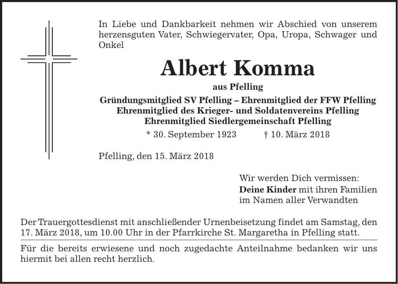 Traueranzeige Albert Komma