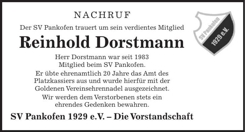Traueranzeige Reinhold Dorstmann