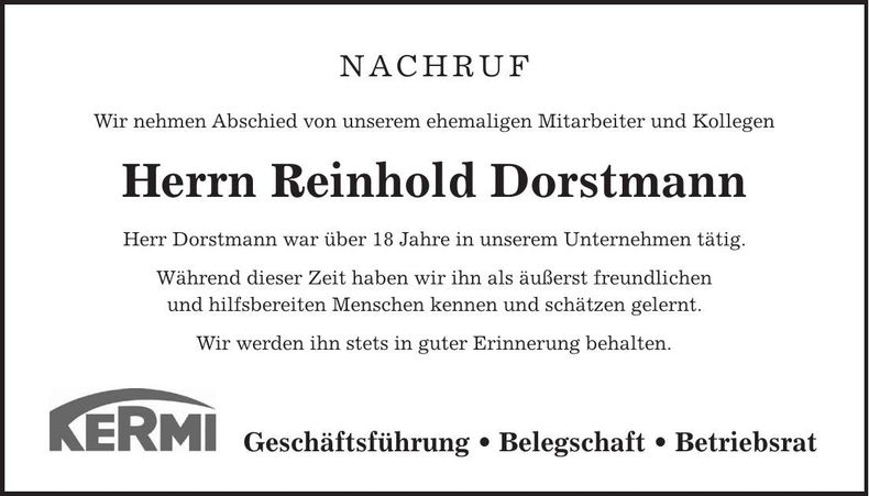 Traueranzeige Reinhold Dorstmann