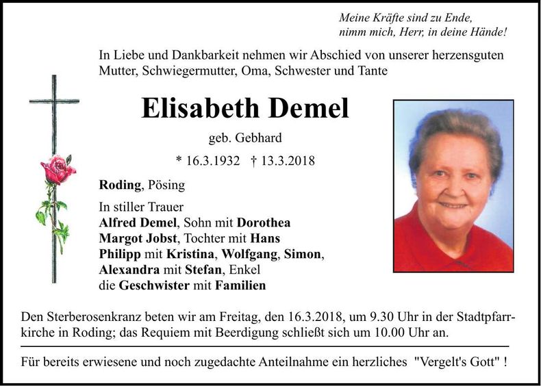 Traueranzeige Elisabeth Demel