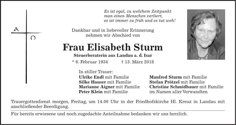 Traueranzeige Elisabeth Sturm