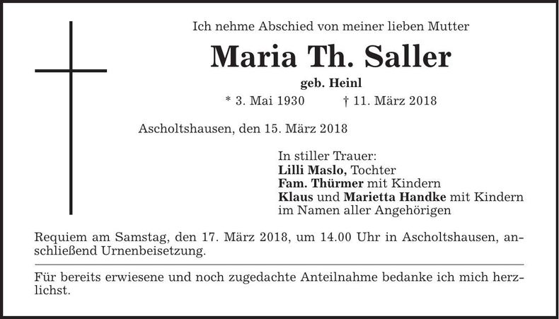 Traueranzeige Maria Th. Saller