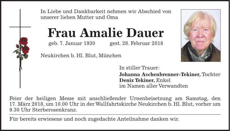 Traueranzeige Amalie Dauer