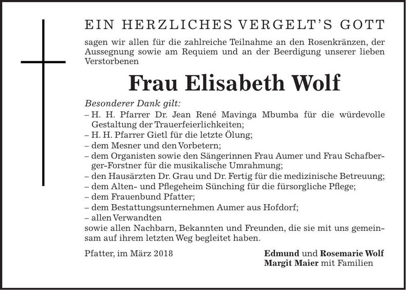 Traueranzeige Elisabeth Wolf