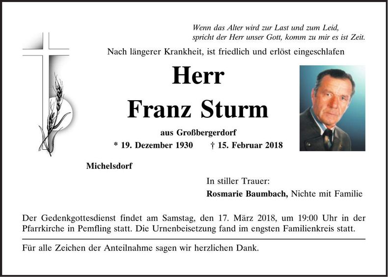 Traueranzeige Franz Sturm