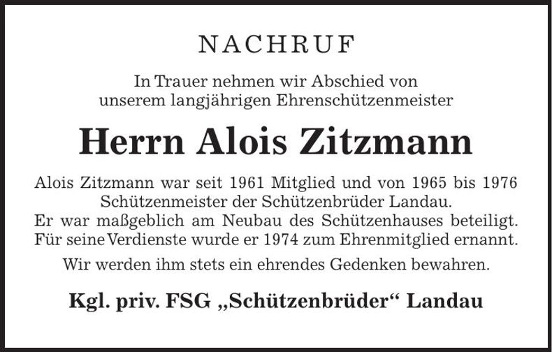 Traueranzeige Alois Zitzmann