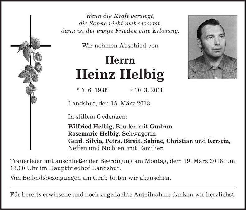 Traueranzeige Heinz Helbig
