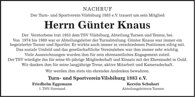 Traueranzeige Günter Knaus